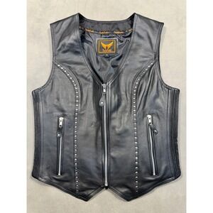 TackField Mens or Women's Black Leather Motorcycle Vest Studded Zip Front Bike M